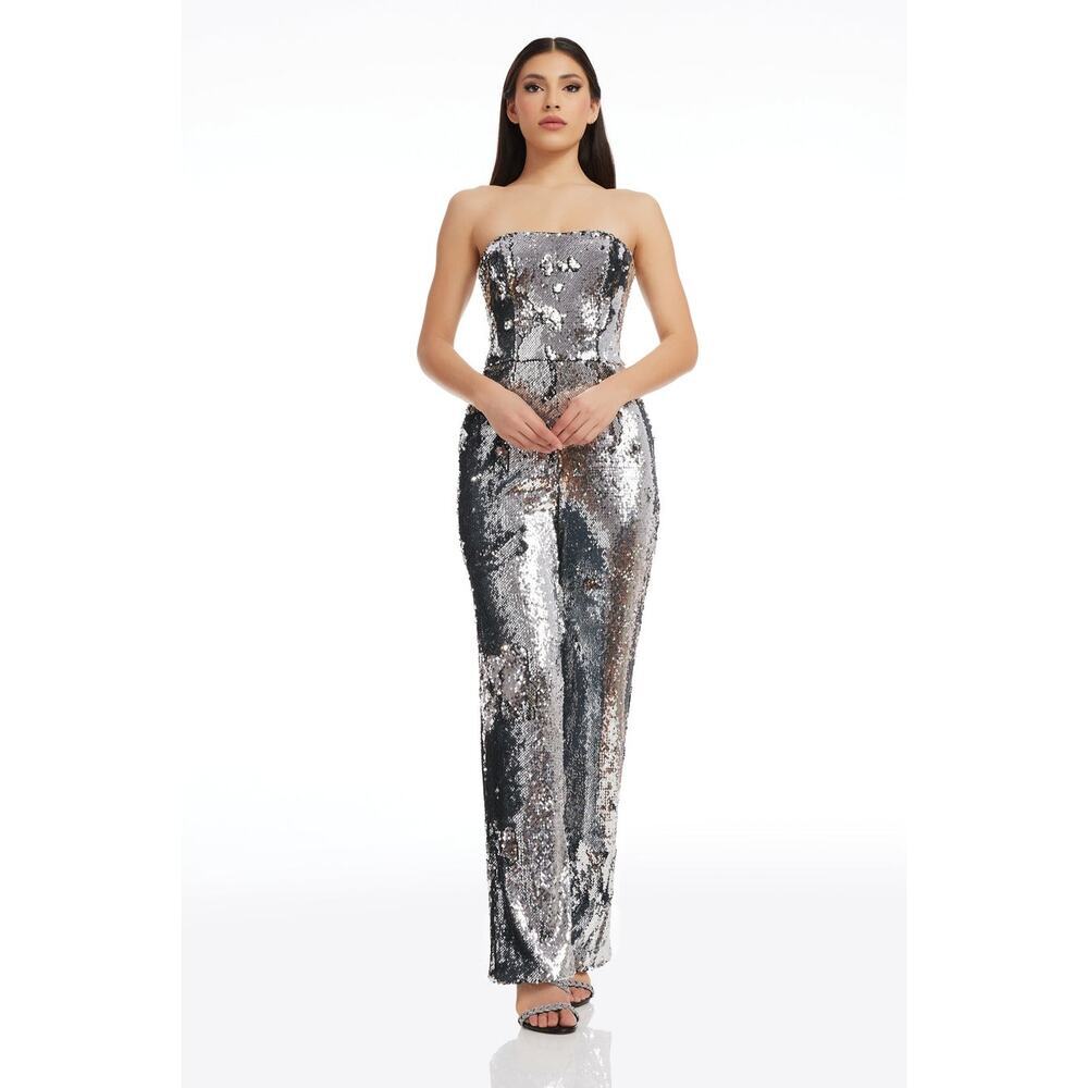 Dress the Population Women's Andy Sequin Strapless Jumpsuit Silver Size M NWT